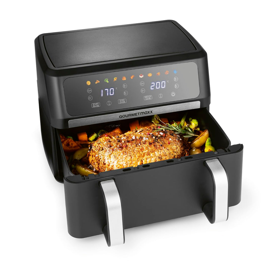 GOURMETmaxx AirGenius Heissluftfritteuse, 10 L - 2 x 5 L Airfryer Vario-Kammer | Fritteuse mit 10 Pr