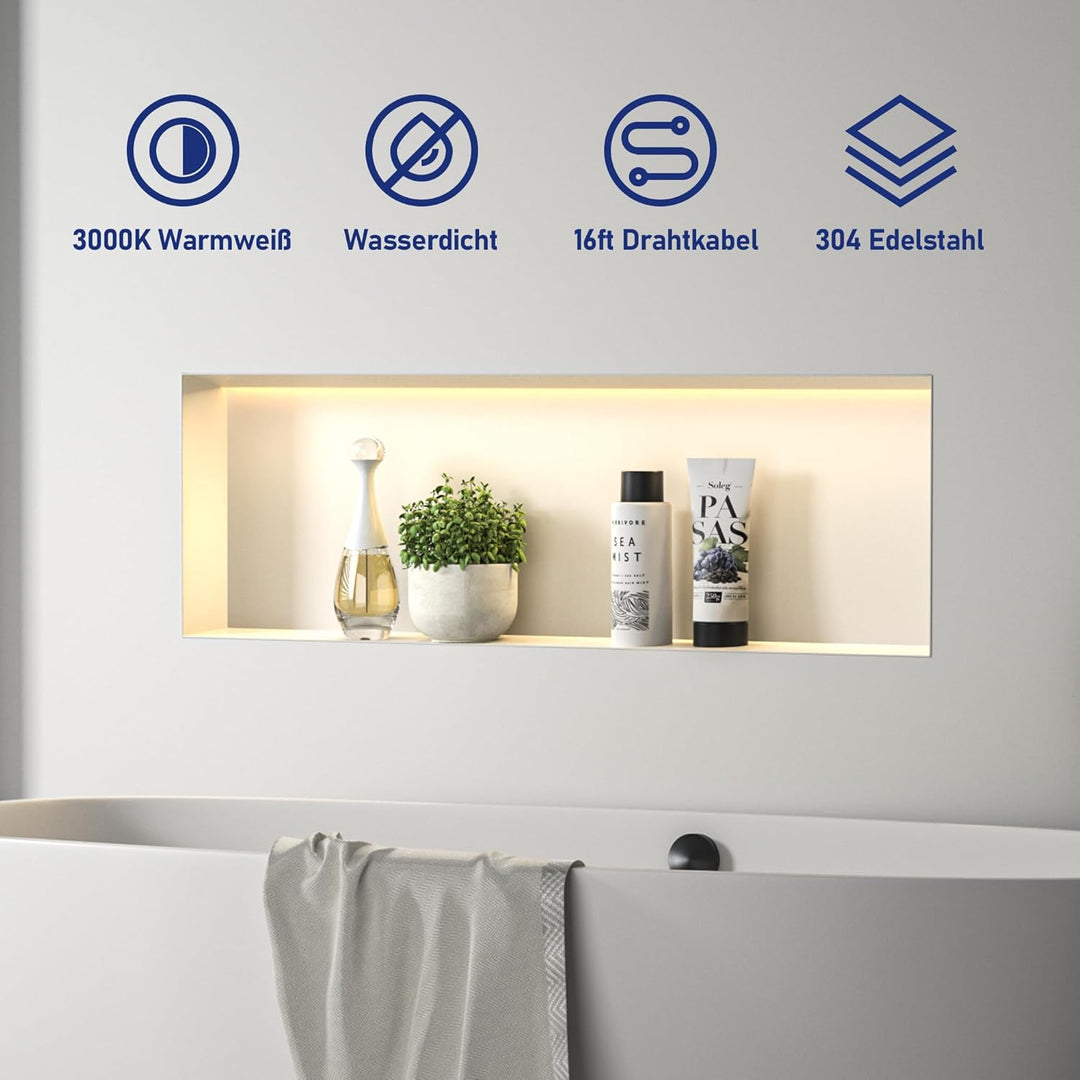 Wandnische Dusche Edelstahl, wasserdichte Nische mit LED-Licht, Eingebettete Duschnische 90x30x10cm,