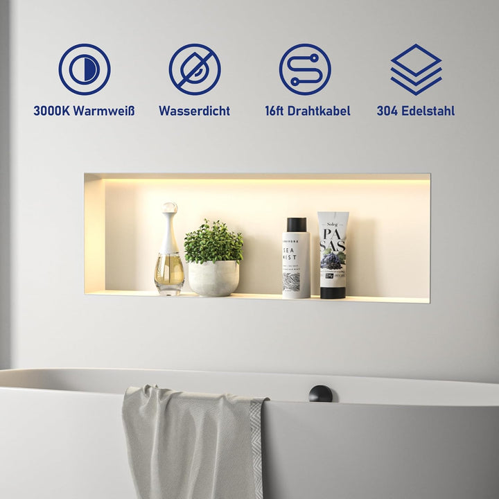 Wandnische Dusche Edelstahl, wasserdichte Nische mit LED-Licht, Eingebettete Duschnische 90x30x10cm,