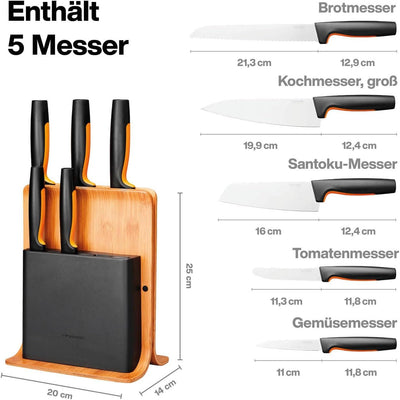 Fiskars Bambus Design-Messerblock mit 5 Messern, Functional Form, Inklusive Gemüsemesser, Tomatenmes