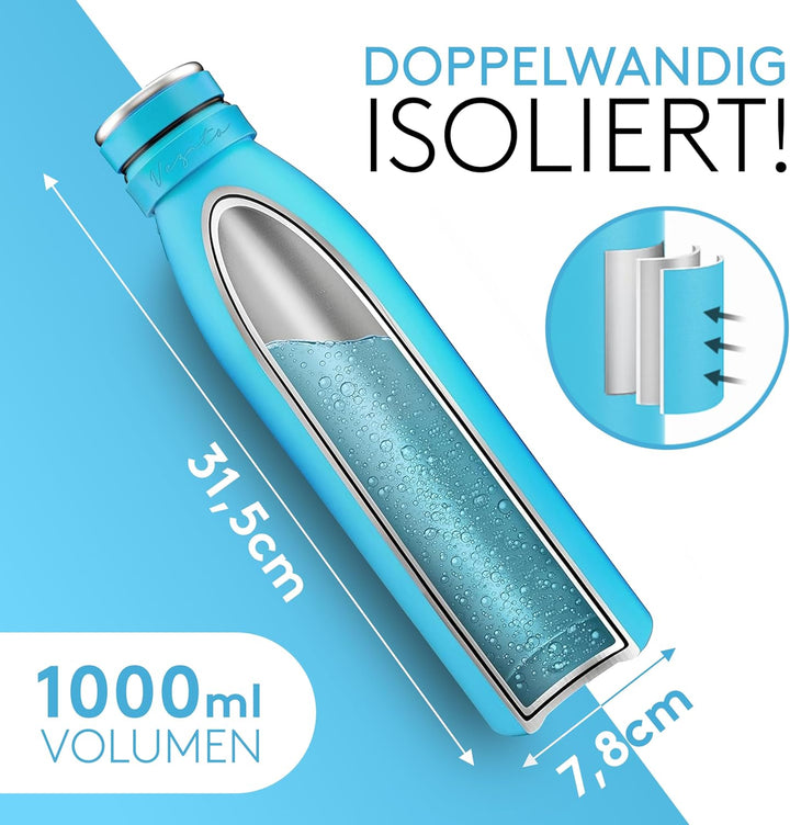 Vezato Trinkflasche Edelstahl - BPA-freie Isolierflasche 1 Liter - Auslaufsichere Wasserflasche mit
