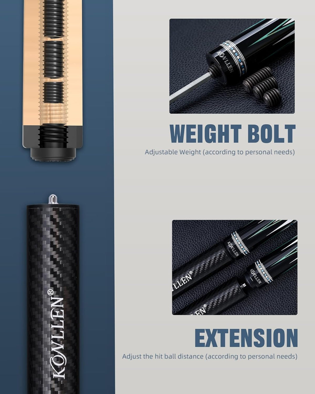 KONLLEN Karbonfaser-Pool-Queue, 147,3 cm, professionelle Poolsticks für Erwachsene, Vollcarbon-Techn
