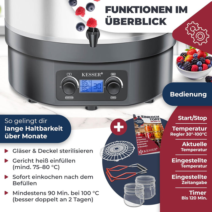 KESSER Einkochautomat 27L Glühweinkocher Glühweinkessel Edelstahl Timer | 2000W Temperatur 30-100°C