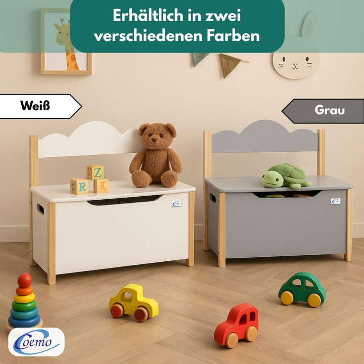 Coemo Spielzeugtruhe mit Sitzbank, Holztruhe Weiss Trudi 60×26×55 cm – Kinderzimmer Bank mit Staurau