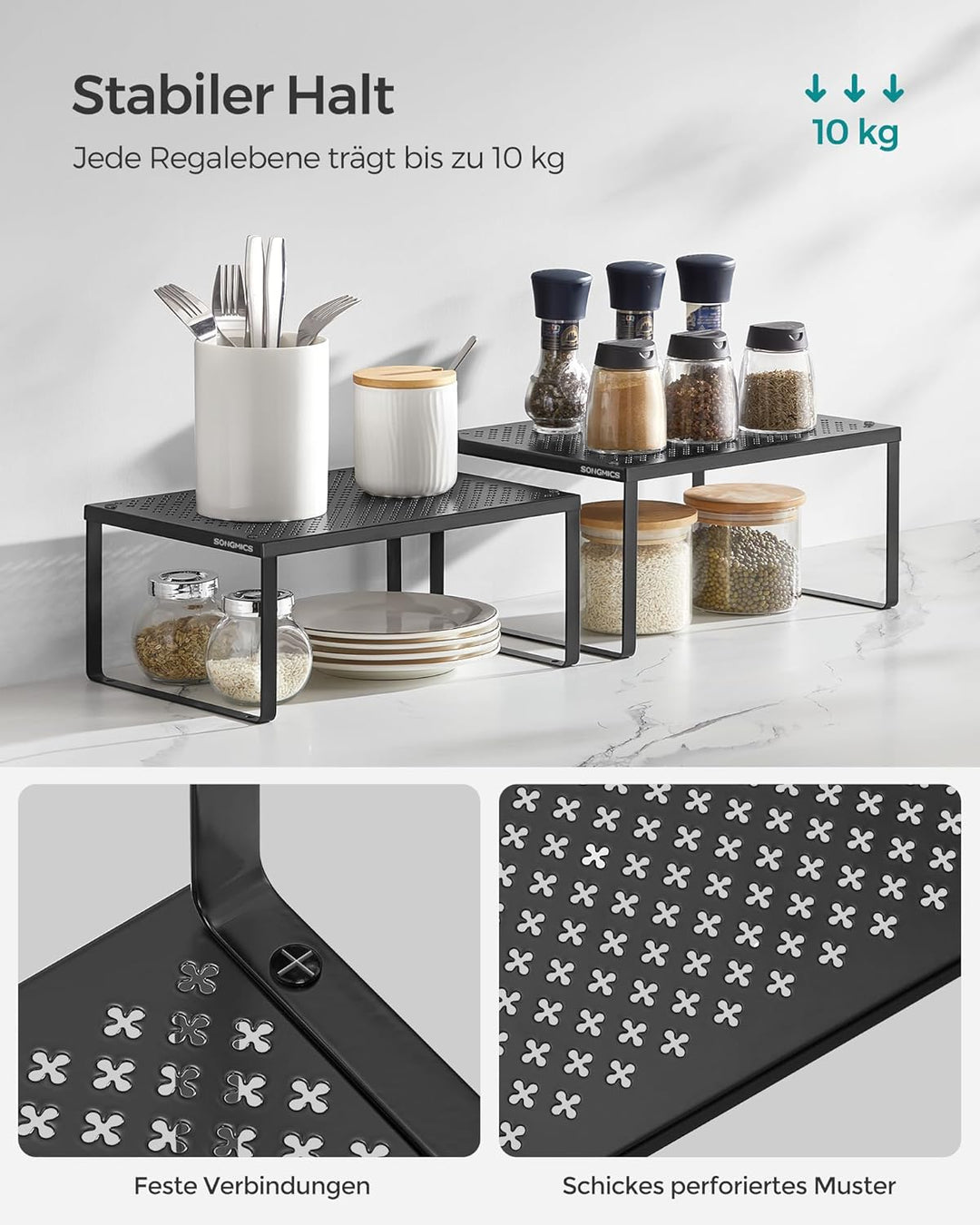 SONGMICS Gewürzregal, 2er Set, Küchenregal, Küchen-Organizer, Küche, Gewürzhalter, erweiterbar, stap