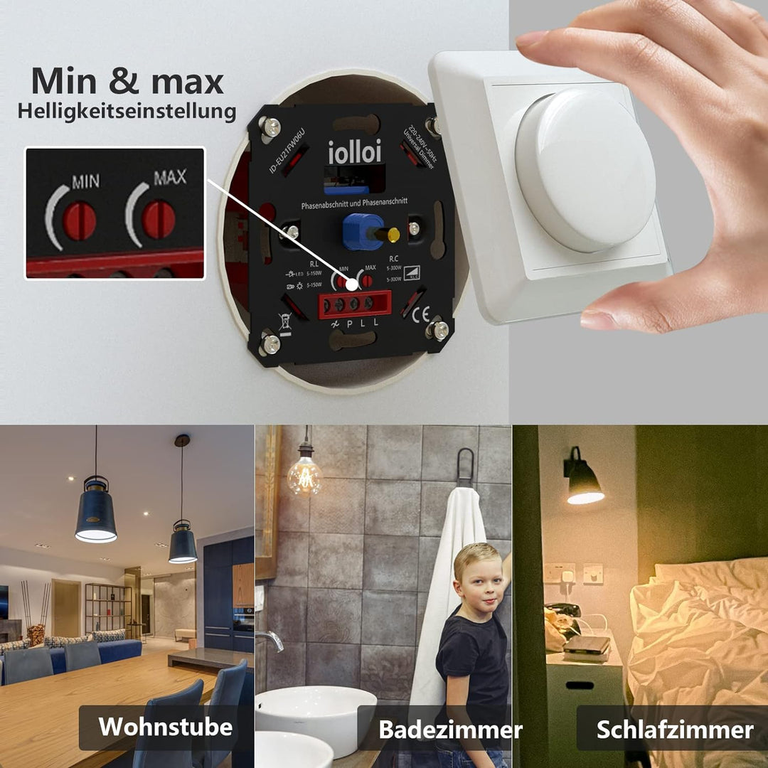 iolloi Dimmer, LED Dimmerschalter, Dimmer für LED Lampen, LED Dimmer, Universal 5–300 W Unterputzdos