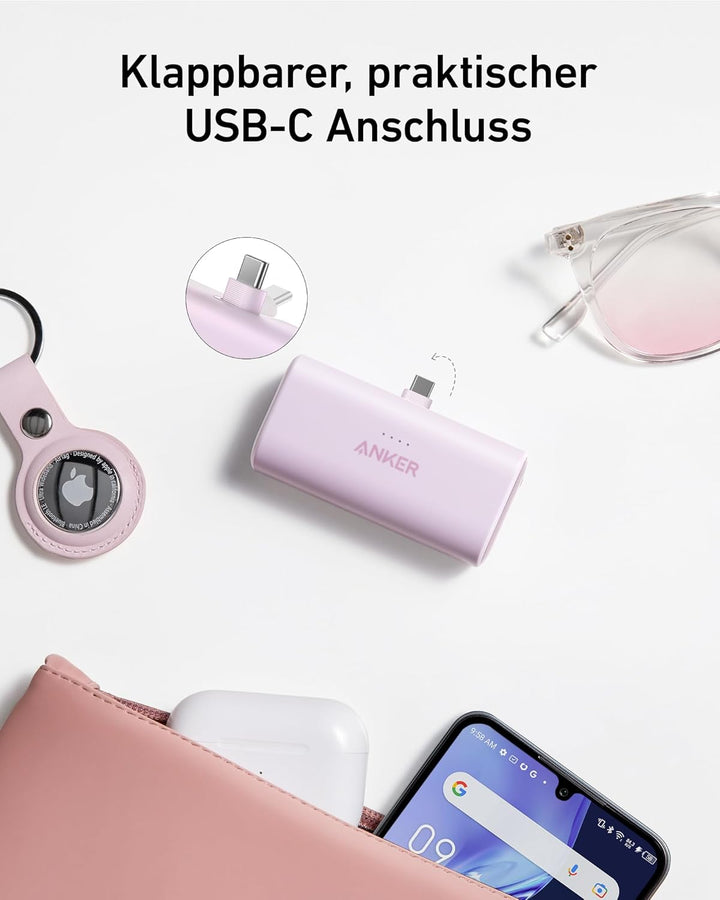 Anker Nano Powerbank, 5000mAh Powerbank 22,5W, Integrierter Faltbarer USB-C Konnektor, Kompatibel mi