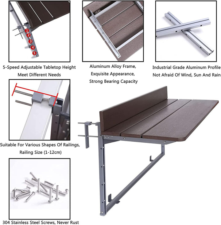 Gdmokle Klappbarer Balkonhängetisch Balkonklapptisch, 5-Fach höhenverstellbar, Aluminiumprofil-Tisch
