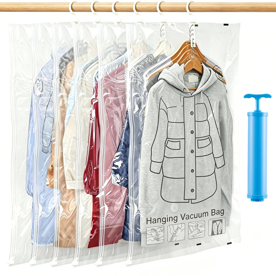 6 Stück Hängende Vakuumbeutel für Kleidung, 110×70 cm Vakuumierbeutel mit Handpumpe &amp; Haken, Platzsp