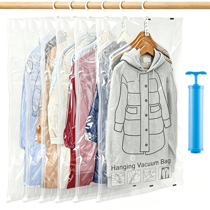 6 Stück Hängende Vakuumbeutel für Kleidung, 110×70 cm Vakuumierbeutel mit Handpumpe &amp; Haken, Platzsp