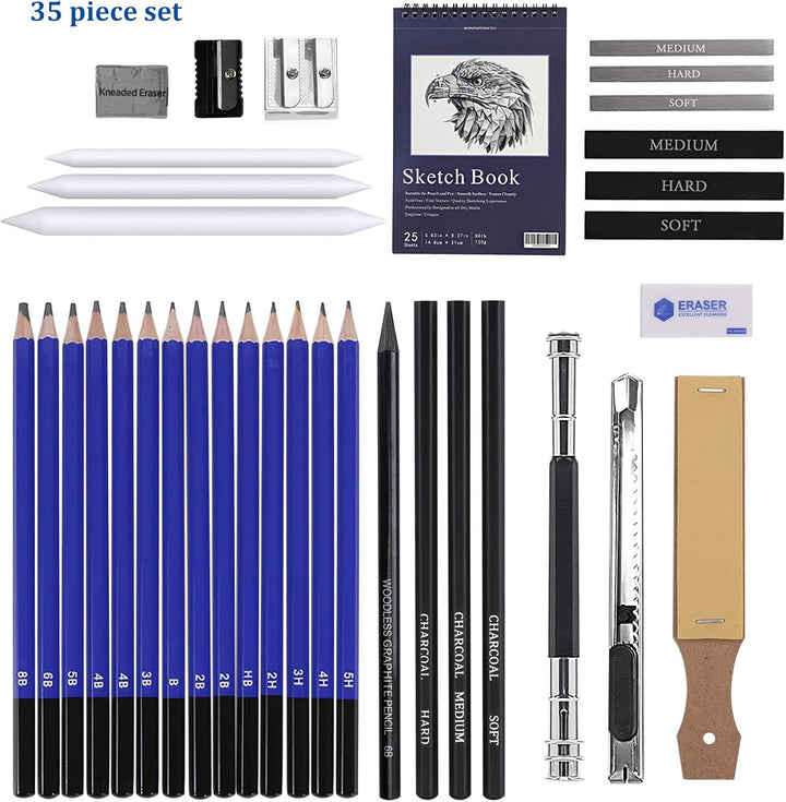 Skizzen Zeichen Bleistift Set 35 Stück Professionelles Zeichenzubehör mit Reissverschluss Tragetasch