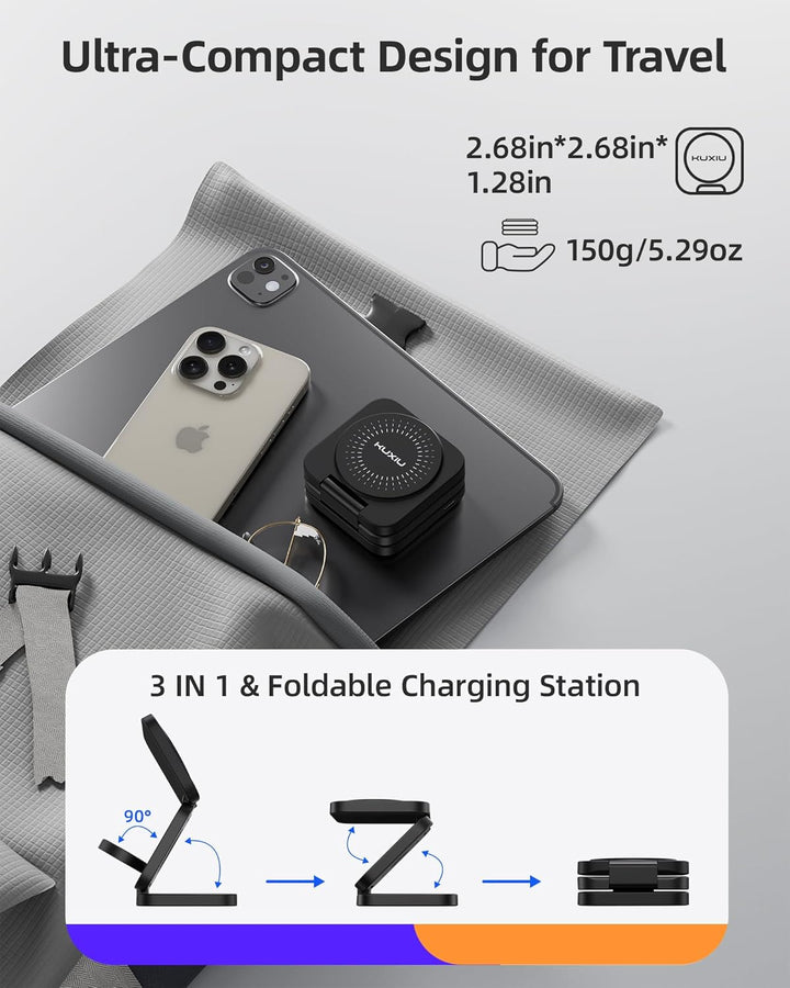 KU XIU X55 Turbo Qi2.2 25W Ladestation für Magsafe, Faltbar 3 in 1 Ladestation für Apple Watch und i