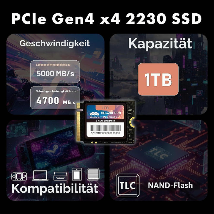 LinkMore XE-430 PRO 1TB M.2 2230 NVMe SSD, PCIe Gen4 x4 / PCIe 4.0 internes Solid State Drive, Speic
