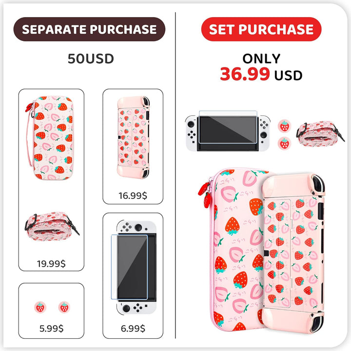 RHOTALL Strawberry Carrying Case Set for Nintendo Switch OLED, Portable Travel Case for Switch Acces