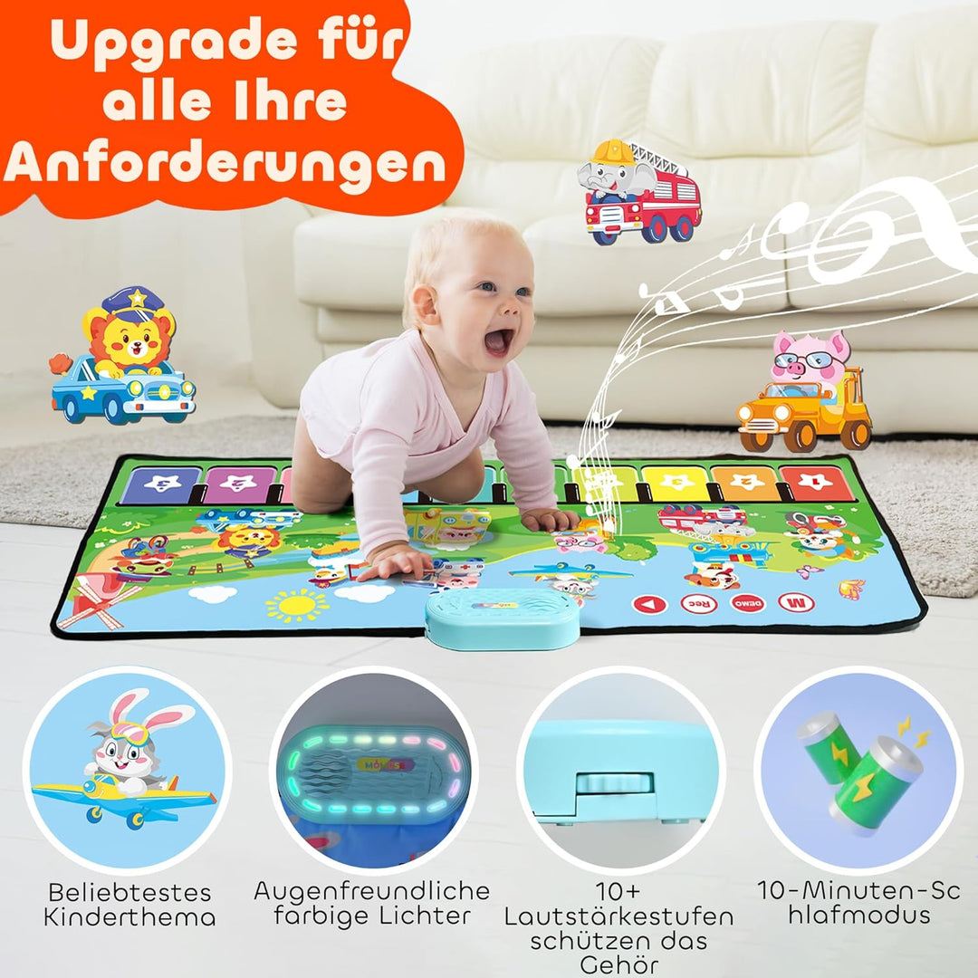 MOMUSE Baby Spielzeug ab 1 Jahr mit 80 Tönen, Upgraded Musik Matte mit 10 Tiere &amp; 10 Autos, Klavierm