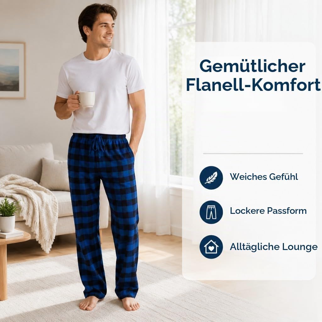 JTPW Herren 100% Baumwolle Flanell Bequeme Pyjama/Lounge Bottoms mit Taschen XXL Black Aqua Plaid, X