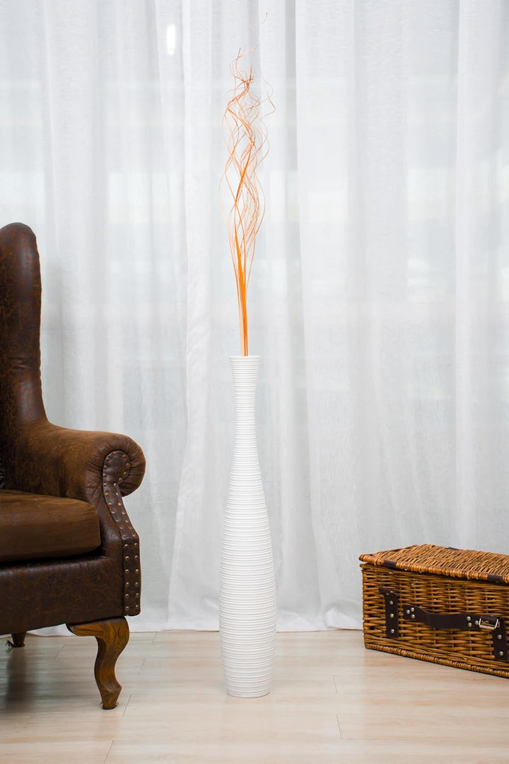 Leewadee Grosse Bodenvase für Dekozweige hohe Standvase Design Holzvase, Holz, 70 cm, Weiss 70 cm We