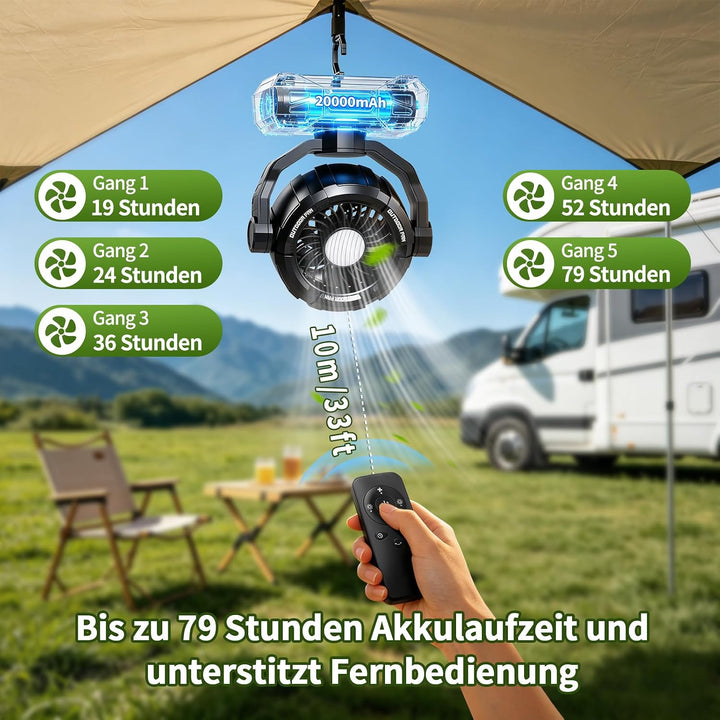 Outdoor Kopfschütteln Camping Ventilator, 20000mAh Akku Mobiler Hängen Zelt Ventilator mit LED Later