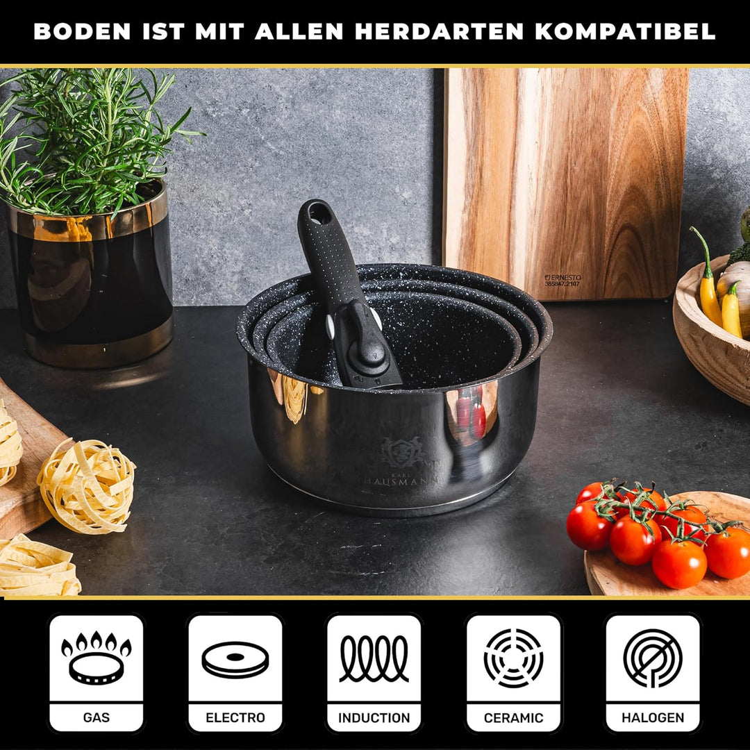 Topfset Induktion mit Abnehmbarer Griff - 3-Teilig - Edelstahl Kochtöpfe für Alle Herdarten - Kochto