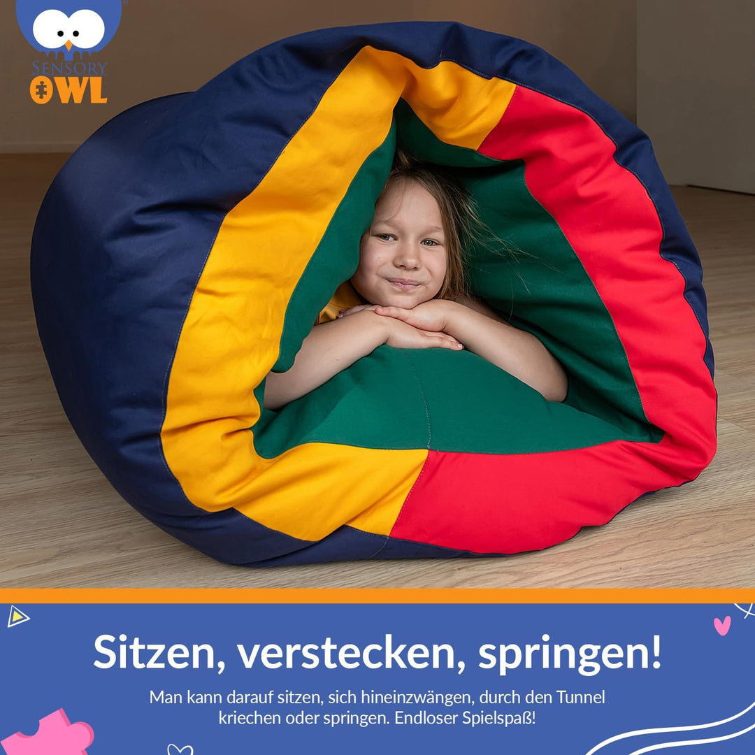 Sensory Owl Sensorischer Tunnel Pouf Mit Füllung 2in1 Für Kinder 90 x 70 cm Sitzkissen Sinnestunnel