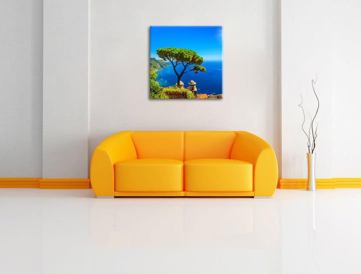 baum am blauen meer, Format: 70x70 auf Leinwand, XXL riesige Bilder fertig gerahmt mit Keilrahmen, K
