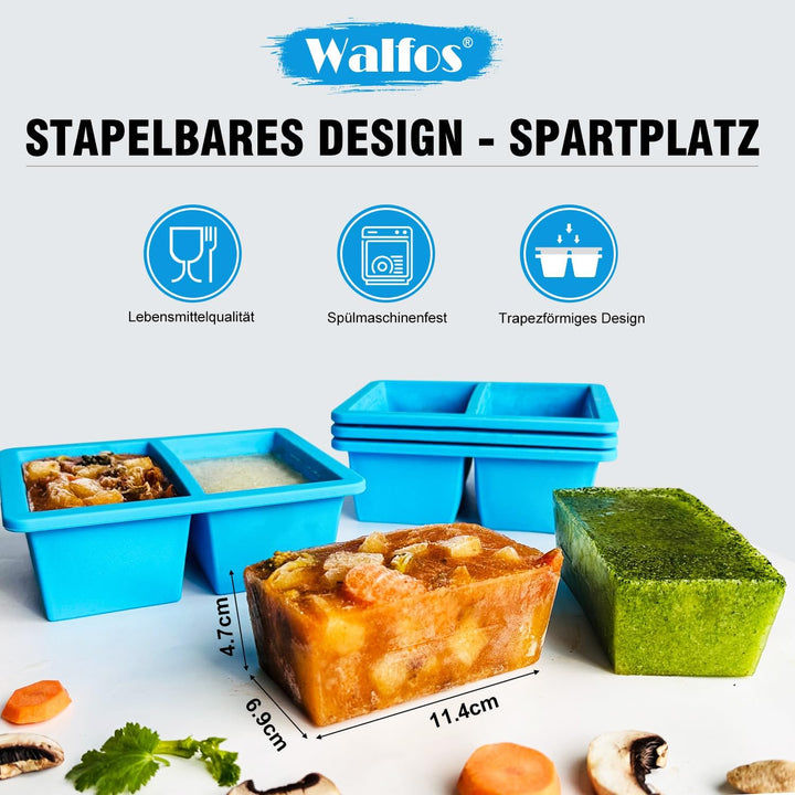 Walfos 1-Tasse Extragrosse Silikon Gefriertablett mit Deckel, 4 Packs Suppe Gefrierschrank Eiswürfel