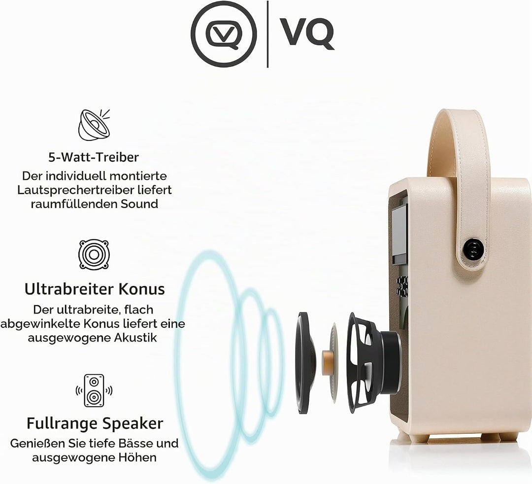 VQ Retro Mini Tragbares Radio mit Bluetooth-Lautsprecher und 60 Voreinstellungen. Enthält ein DAB-Ra