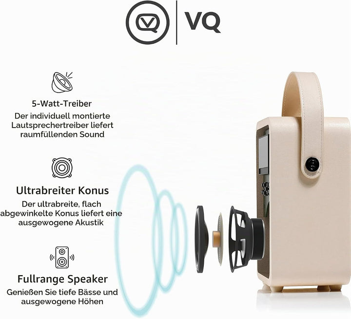 VQ Retro Mini Tragbares Radio mit Bluetooth-Lautsprecher und 60 Voreinstellungen. Enthält ein DAB-Ra