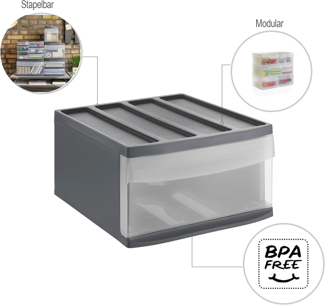 Rotho Systemix Schubladenbox 1 Schub, Kunststoff (PP) BPA-frei, anthrazit/transparent, L (39.5 x 34.