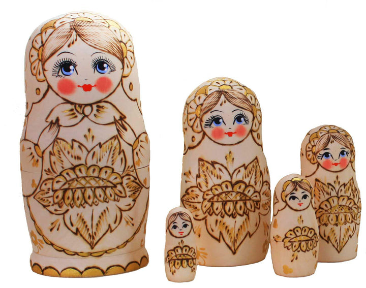 Semenowskaya Rospis Matroschka Babuschka Matryoshka Holz Figuren Sonnenblume 5 Puppen Holzbrandmahle