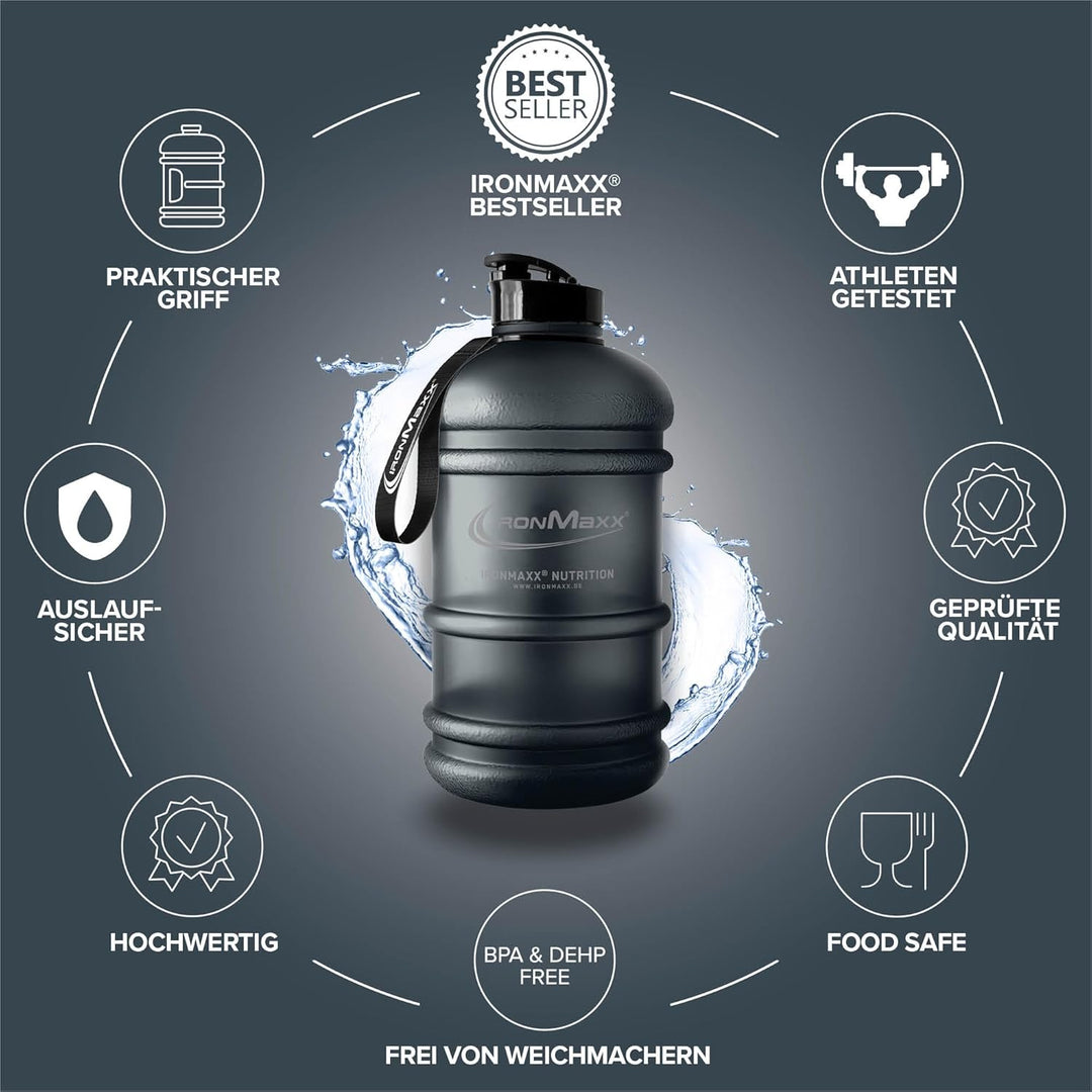 IronMaxx Water Gallon - Frosted Deep Black 2200ml | BPA & DEHP frei | auslaufsichere Trinkflasche mi