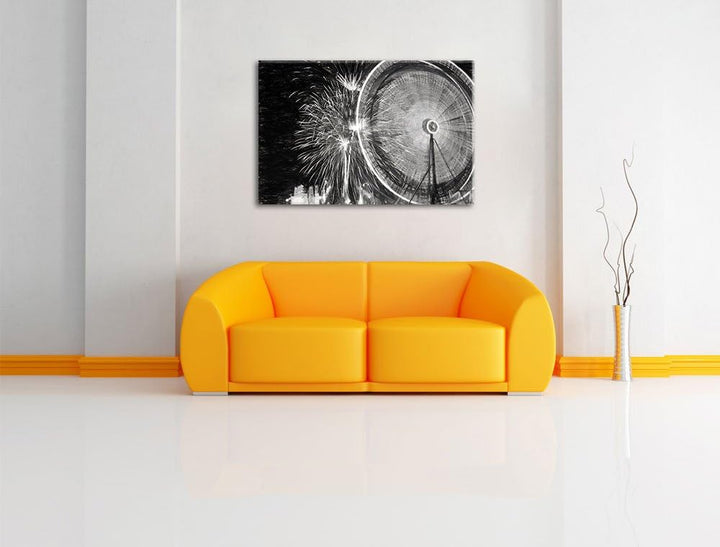 Pixxprint Jahrmarkt mit Feuerwerk / 100x70cm Leinwandbild bespannt auf Holzrahmen/Wandbild Kunstdruc