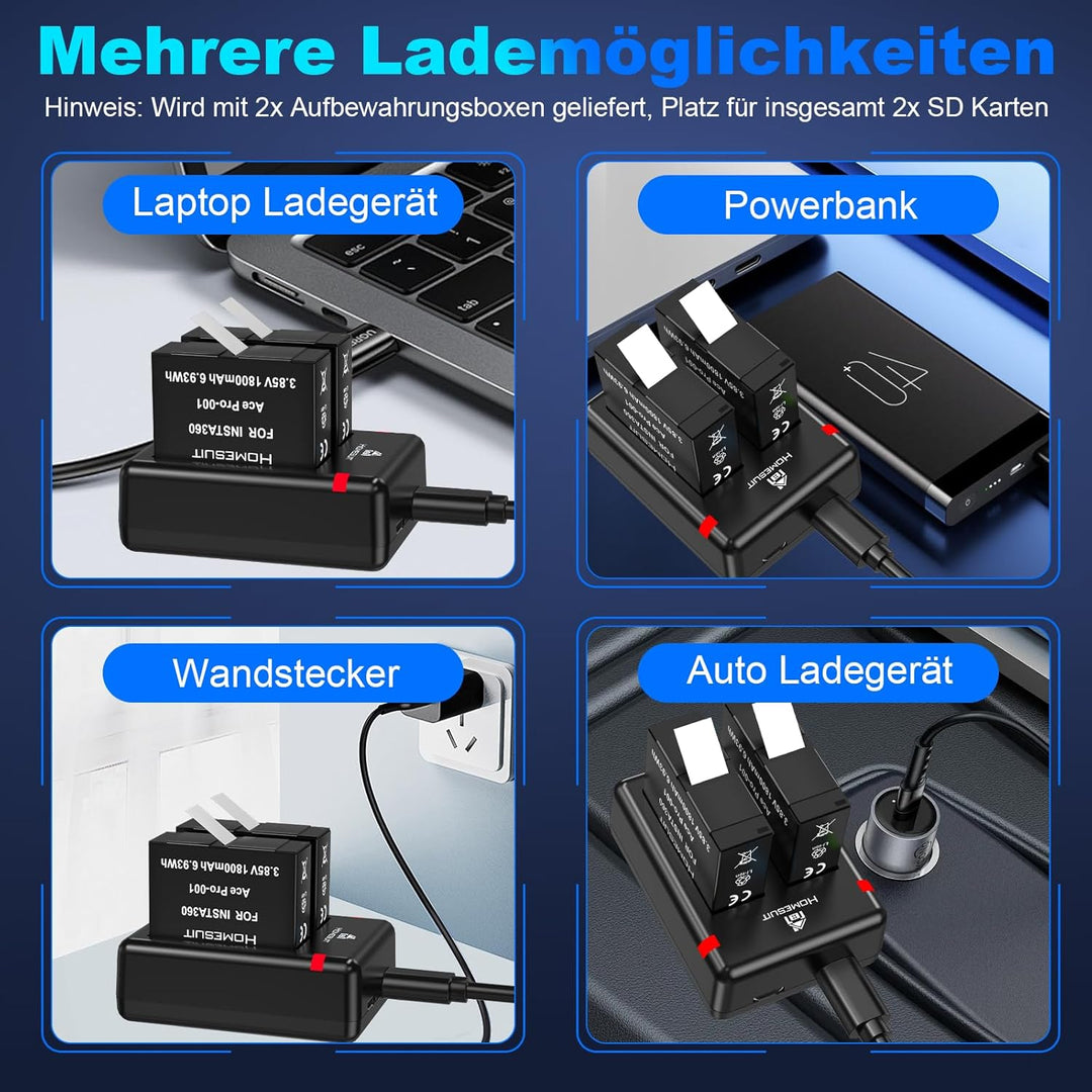 Homesuit Insta 360 Ace Ersatz Akku 1800mAh 2 Stück und USB Ladegerät kompatibel mit Insta360 Ace Pro