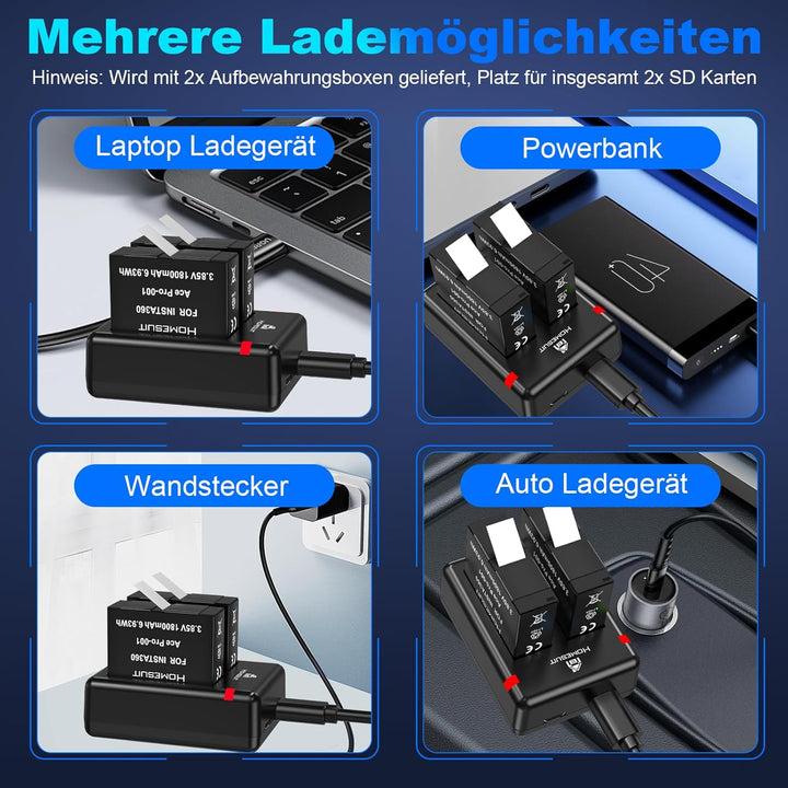 Homesuit Insta 360 Ace Ersatz Akku 1800mAh 2 Stück und USB Ladegerät kompatibel mit Insta360 Ace Pro