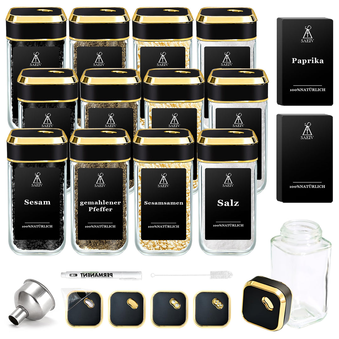 SIAZIH Gewürzstreuer mit Edel Schwarzgoldener Deckel, Gewürzgläser Gold (12x120ml), Gewürzbehälter S