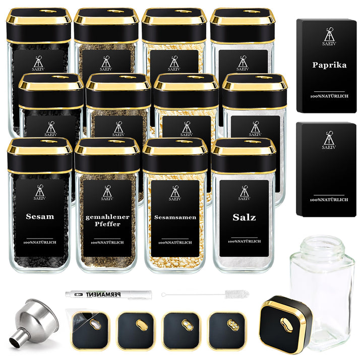 SIAZIH Gewürzstreuer mit Edel Schwarzgoldener Deckel, Gewürzgläser Gold (12x120ml), Gewürzbehälter S