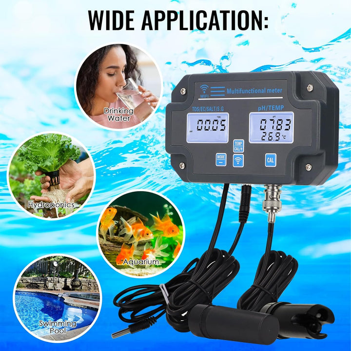 WLAN-Wasserqualitätstester, 6-in-1-pH-Monitor, misst pH/EC/TDS/Salzgehalt/spezifisches Gewicht und T