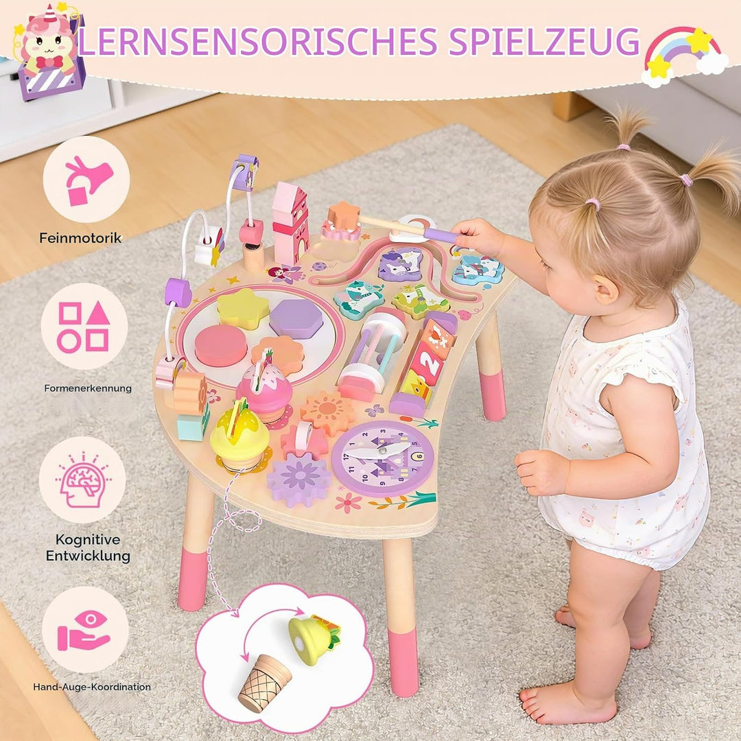 Montessori Aktivitätstisch aus Holz 10-in-1 Einhorn ab 18 Monate | Greifen, Sortieren, Drehen und Sc