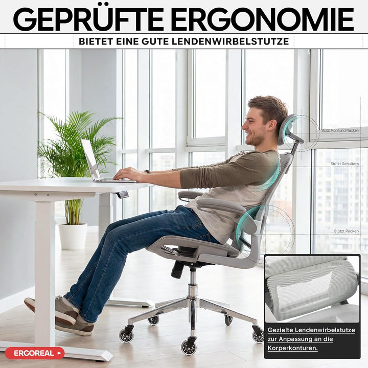 Schreibtischstuhl Ergonomischer Bürostuhl mit 150kg Tragkraft, verstellbaren Armlehnen, dynamischer