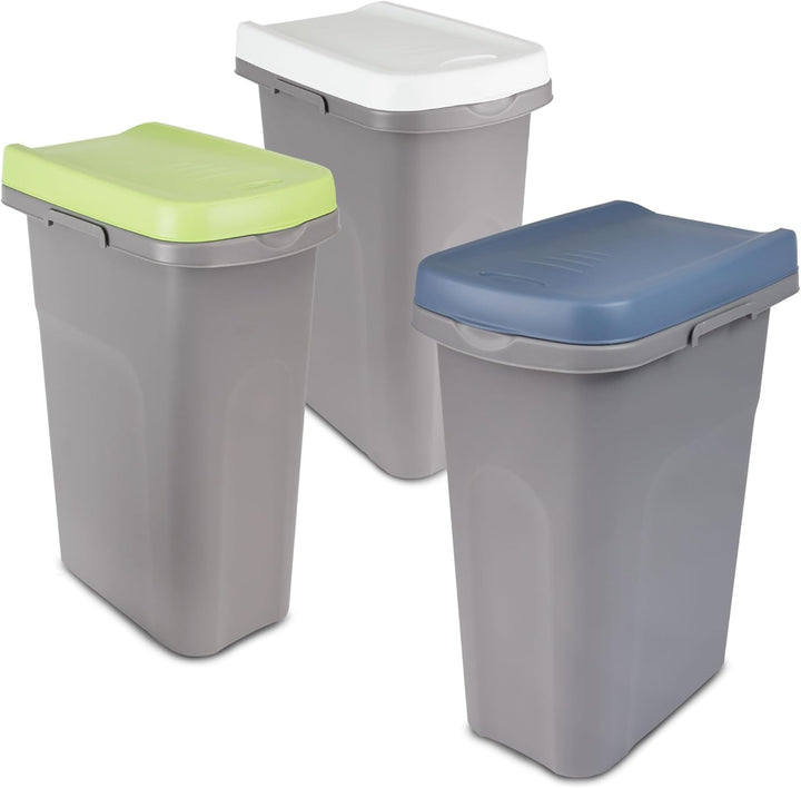 3x 40L Mülleimer Küche weiss grün blau, Mülleimer 3 Fächer, Mülltrennsystem 3fach, Mülltonne, Abfall