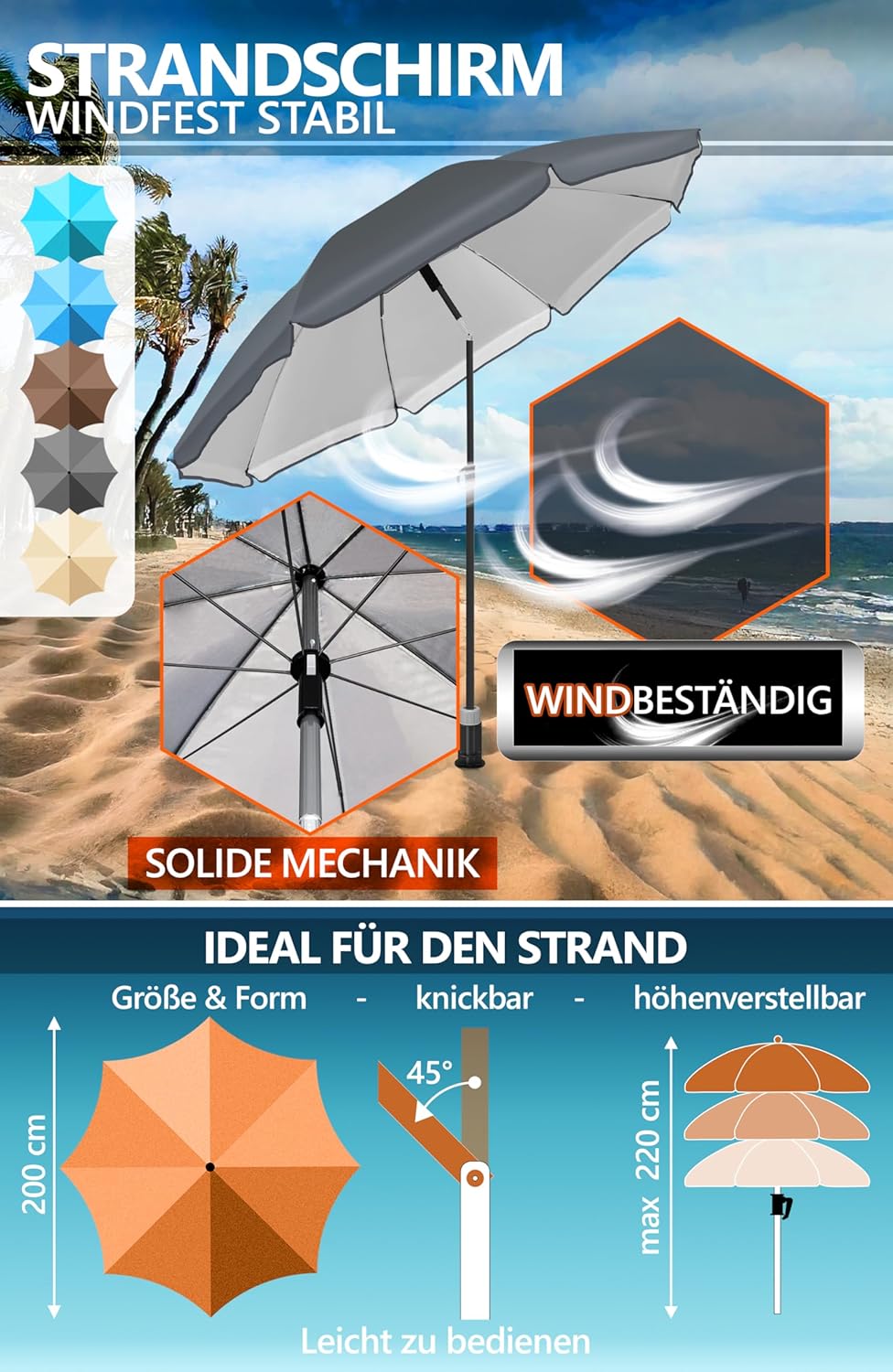 4smile Sonnenschirm Strand Ø 200 cm, 3-in-1 SET mit Bodenhülse, Anthrazit | UPF 50+ Strandschirm + S