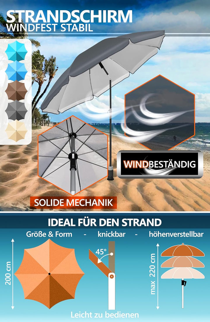 4smile Sonnenschirm Strand Ø 200 cm, 3-in-1 SET mit Bodenhülse, Anthrazit | UPF 50+ Strandschirm + S