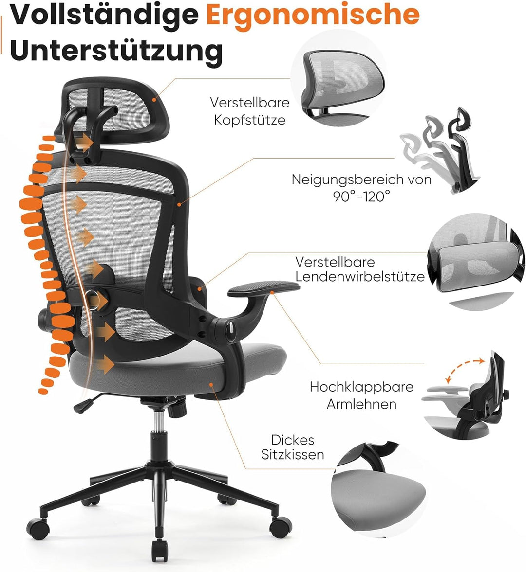 Sweetcrispy Ergonomischer Bürostuhl, Schreibtischstuhl Ergonomisch, Atmungsaktiver Netzstuhl mit Ver