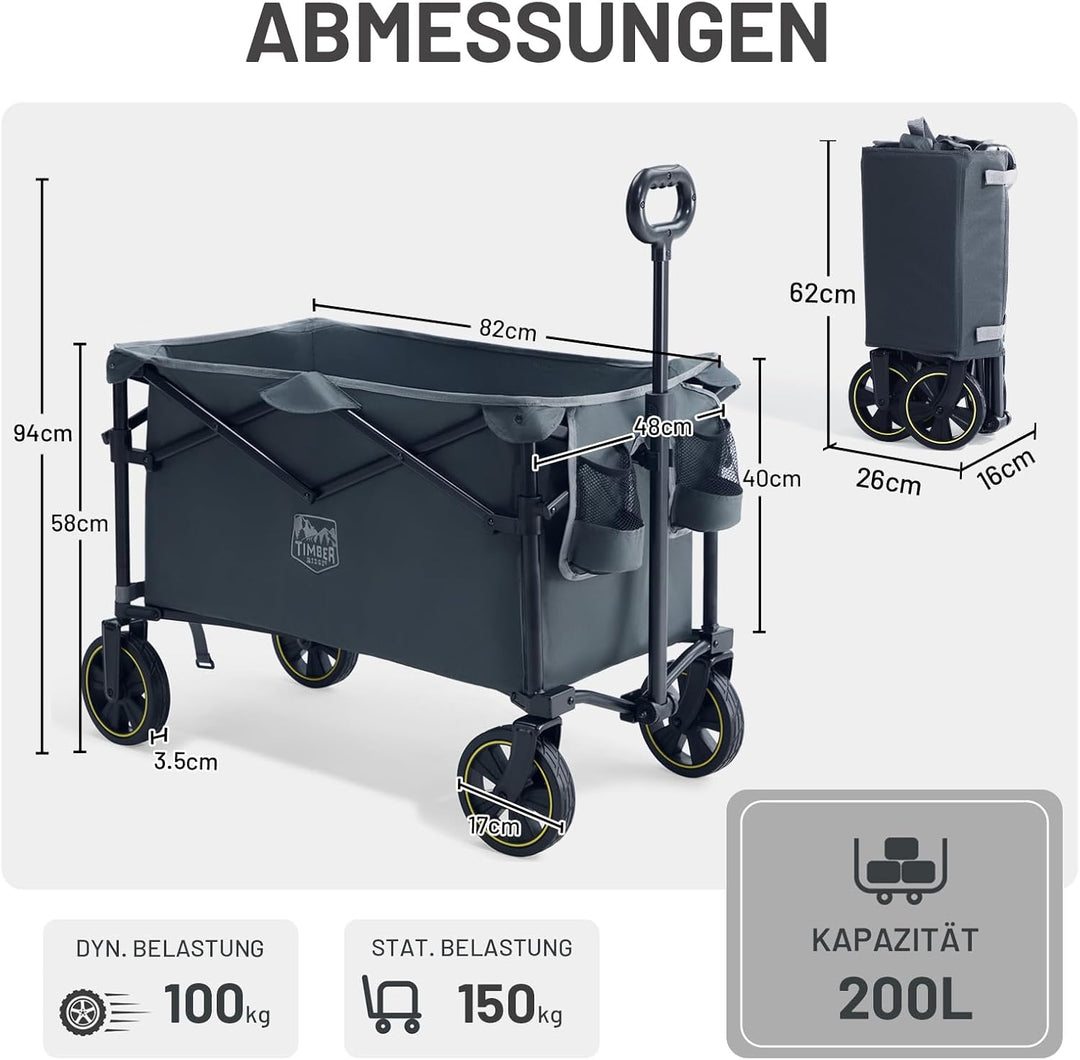 TIMBER RIDGE Bollerwagen Faltbar 200L mit Getränkehalter Verstellbarem Griff, Handwagen Transportwag