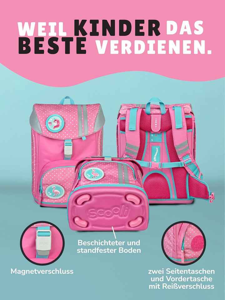 Familando Mädchen Schulranzen 1. Klasse Schul-Rucksack Set sehr leicht 8-tlg. | 3-fach Höhenverstell