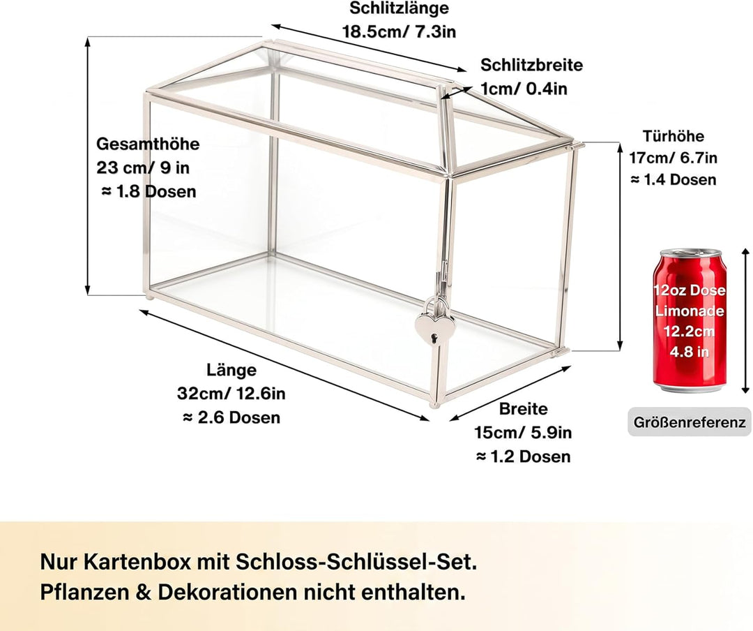 NCYP 32x15x23cm Silberfarbene Hochzeitskarten-Box aus Glas mit Schlitz und Schloss, Handgefertigt De