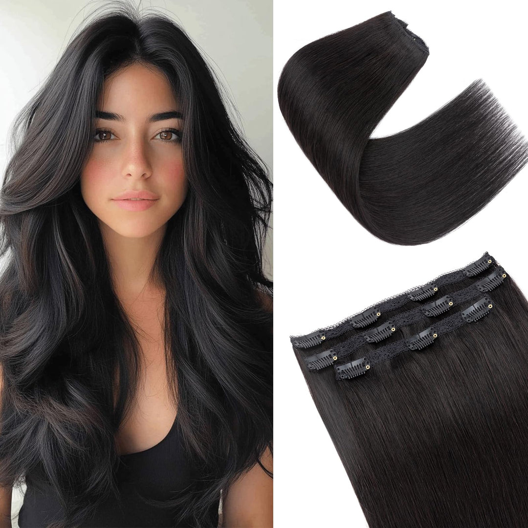 S-noilite Clip in Extensions Echthaar Natürliches Schwarz 25cm 56g Extensions Clip in Echthaar Haarv
