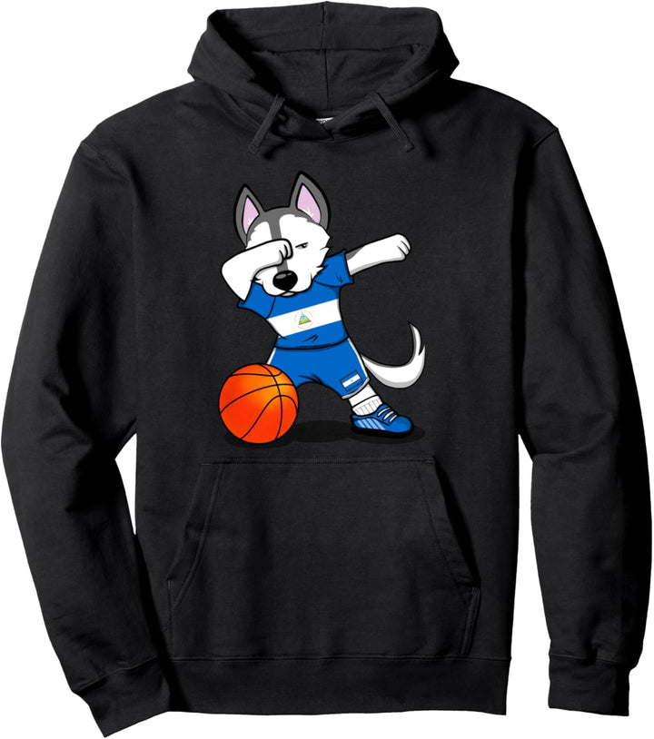 Dabbing Husky Hund Nicaragua Basketball Mannschaft Flagge Pullover Hoodie
