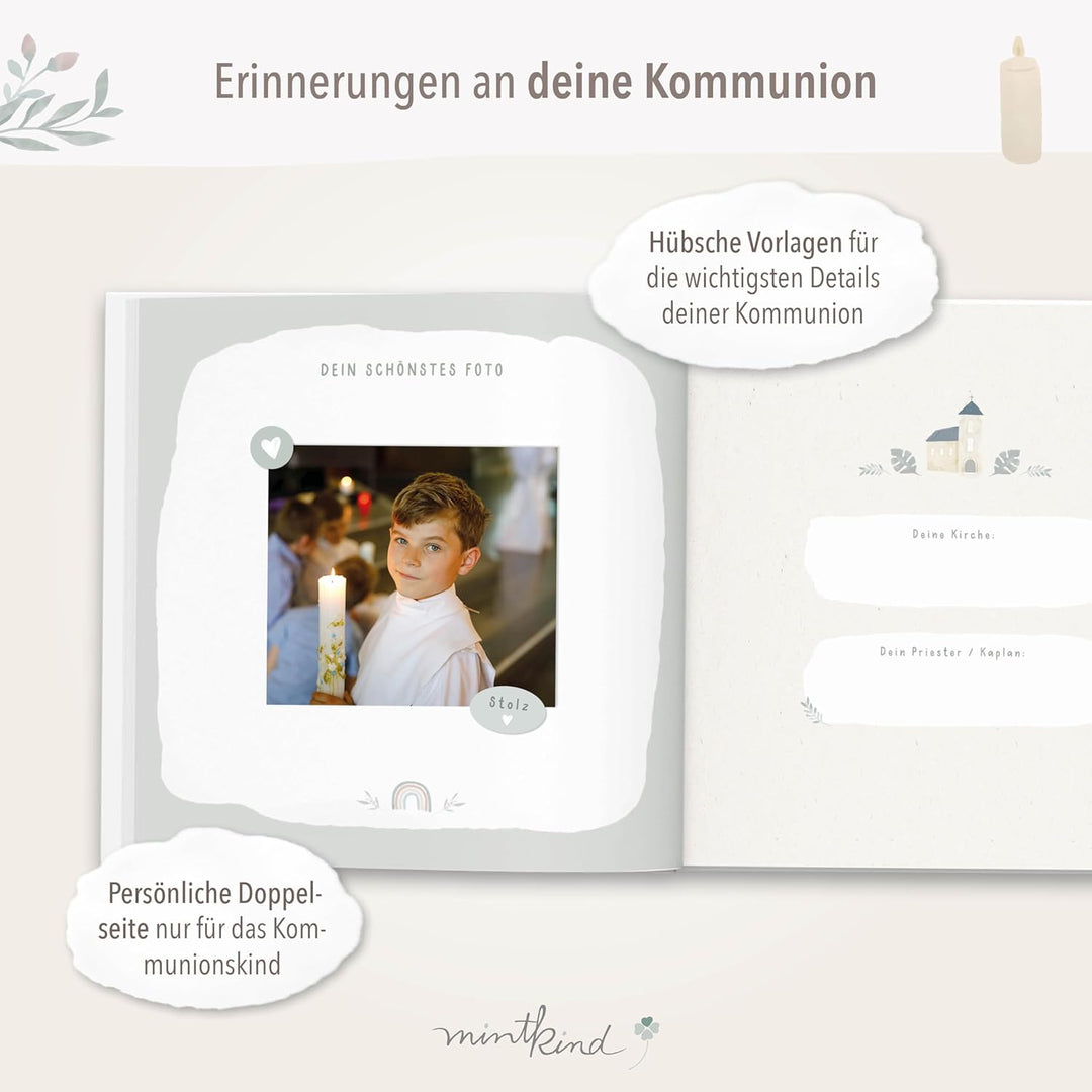 mintkind® Gästebuch Kommunion Blau - Erinnerungsbuch zur Kommunion, 72 Seiten zum Gestalten, edler L