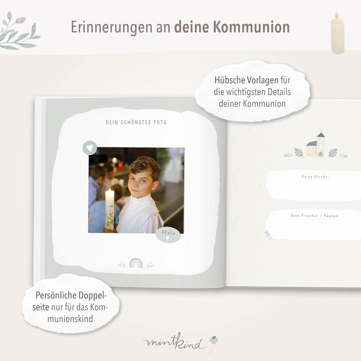 mintkind® Gästebuch Kommunion Blau - Erinnerungsbuch zur Kommunion, 72 Seiten zum Gestalten, edler L